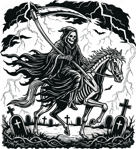 Grim Reaper on skeletal horse rides through a graveyard under a stormy sky, wielding a scythe.