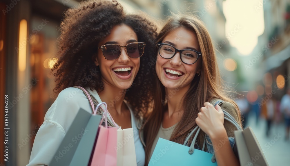 Two joyful friends enjoying a shopping spree Two joyful friends enjoying a shopping spree