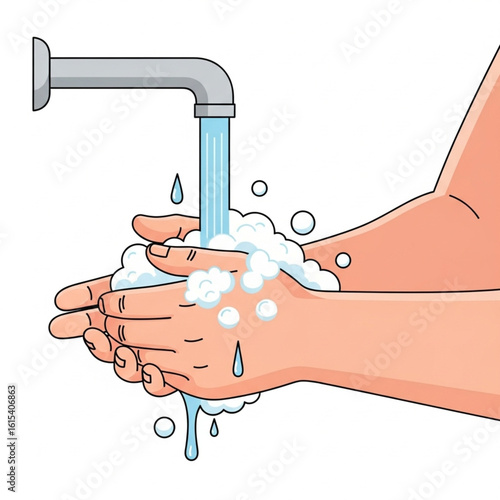 Washing hands with soap under running water for hygiene and health concept