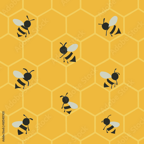 A vibrant yellow honeycomb pattern features adorable cartoon bees busily buzzing across the hexagonal cells, creating a sweet and inviting seamless background.