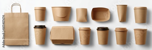 Assorted disposable brown paper food and drink containers, including a paper bag