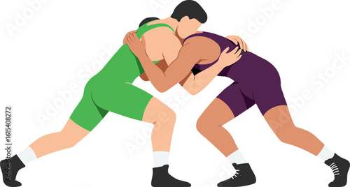 Two wrestlers grappling in sports flat illustration