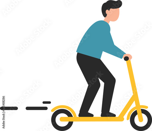 Young man riding yellow kick scooter flat illustration