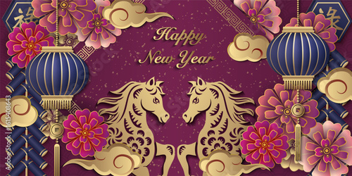 Happy Chinese new year of horse golden purple relief flower lantern cloud and firecrackers