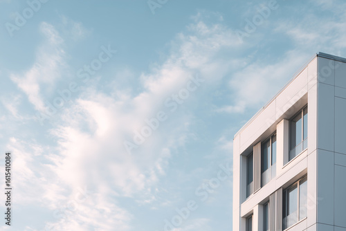 A modern building facade with sharp, clean lines, captured in soft daylight;