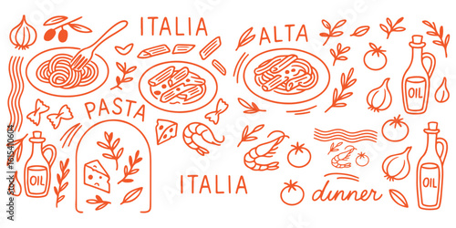 Whimsical Italian food pasta line art sketch set. Coastal mediterranean dinner table party summer hand drawn elements. Wedding coquette vector illustration