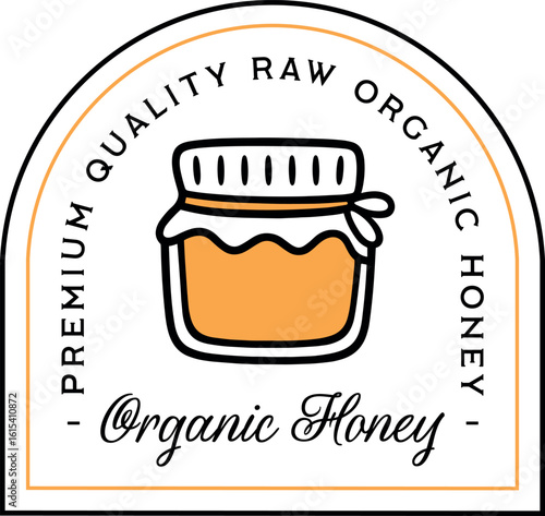 Organic honey logo raw premium quality label sticker for natural bee product jar pot eco packaging design. Cute retro boho rustic aesthetic text illustration clipart isolated transparent background.