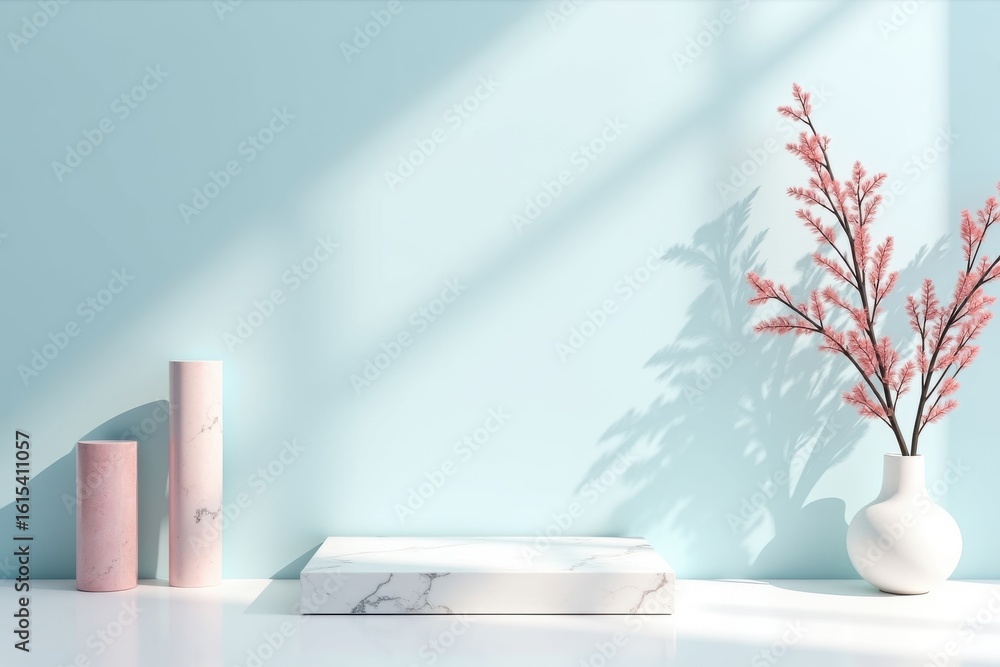 Marble Product Podium with Floral Branch Against a Soft Blue Wall Backdrop Marble Product Podium with Floral Branch Against a Soft Blue Wall Backdrop