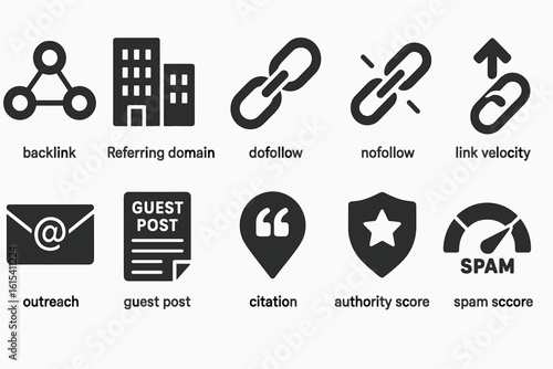 Seo, marketing solid icon set. tools for digital presence management