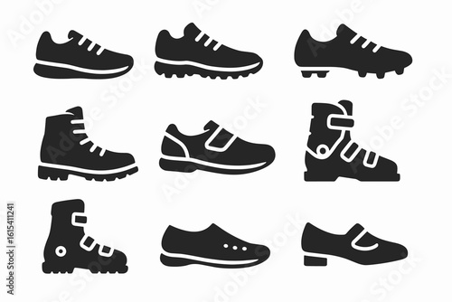 Footwear solid icon set: shoes, boots, sneakers, sport shoes in simple solid style