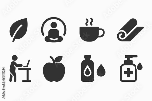 Wellness and fitness solid icon set. health, meditation, yoga, office icons