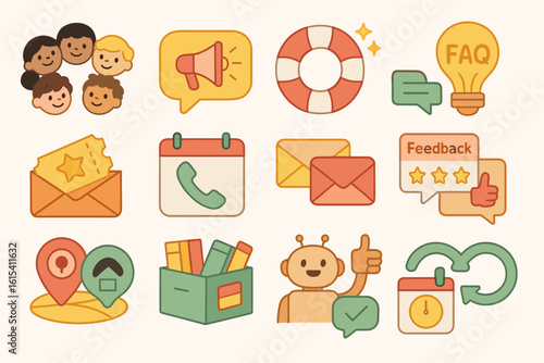 Communication and event planning icon set. flat collection for effective organization