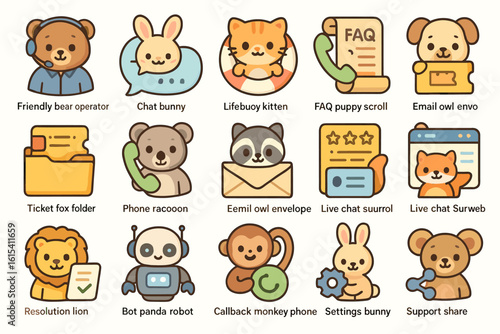 Animal customer service flat icon set. cute chat and help desk icons collection
