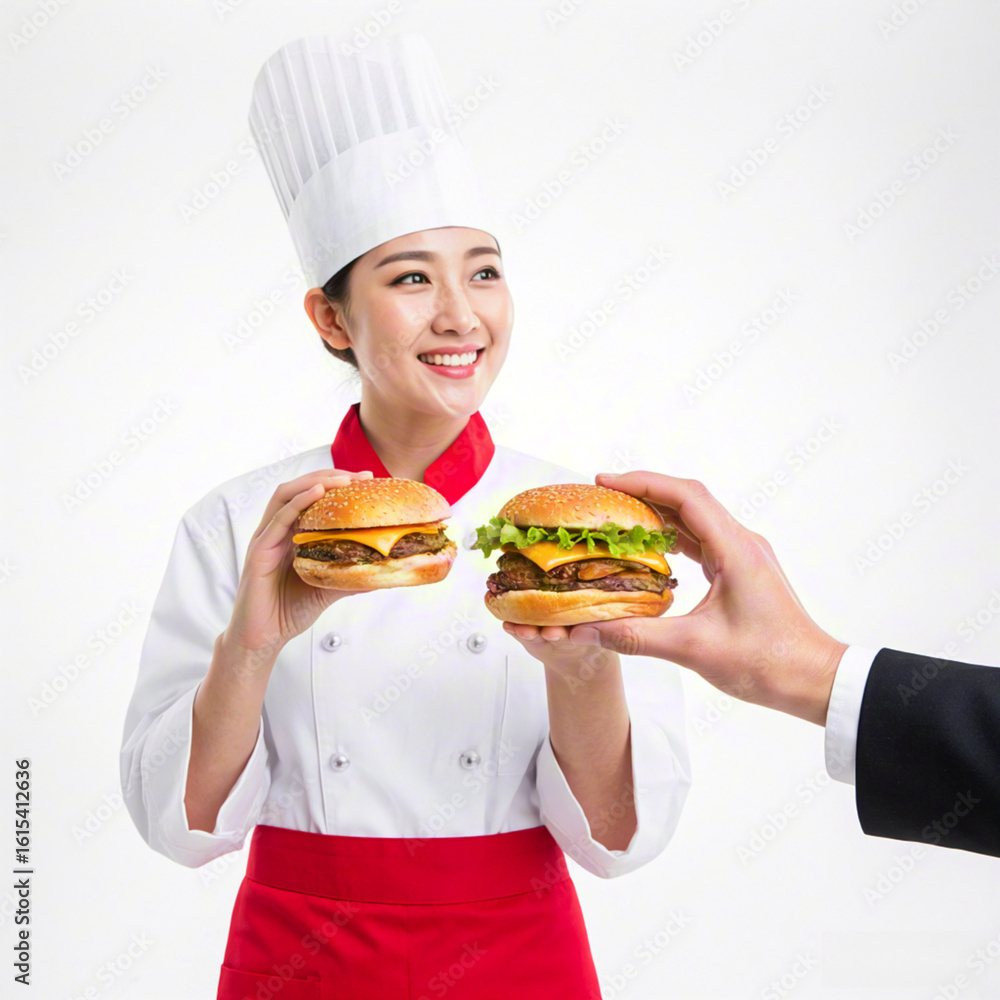 A female chef hands a delicious burger to a customer A female chef hands a delicious burger to a customer