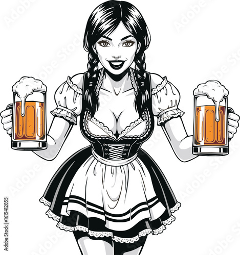A stylized illustration of a Bavarian waitress holding two beer steins.