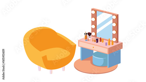 Isometric view of a vanity table with mirror and makeup next to a yellow chair in a room setting