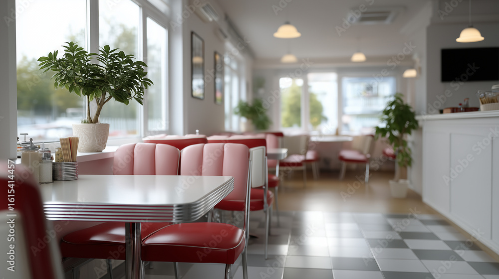 Fototapeta premium Vibrant 1950s Diner with Chrome Tables and Robot Waiters