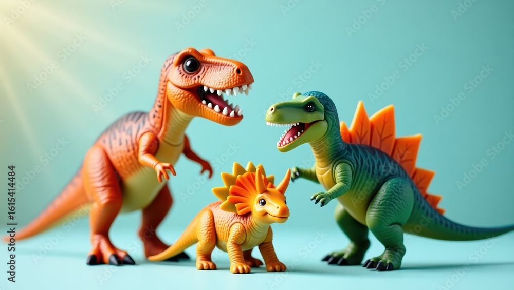 Fototapeta premium Three colorful dinosaur toys stand together.