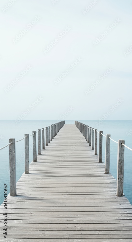 Fototapeta premium Wooden pier extending into calm ocean under pale sky view
