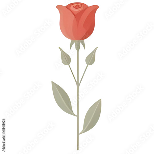 A single, stylized coral rose with unopened buds and leaves on a long stem.