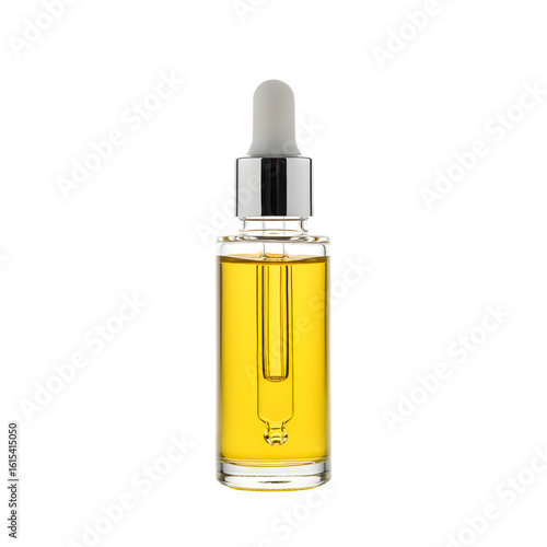 Wallpaper Mural Elegant glass dropper bottle filled with golden serum, featuring a silver cap and white rubber top. Perfect for skincare or cosmetic branding, isolated on white or transparent background. PNG format. Torontodigital.ca