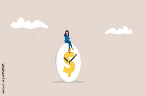 Business woman sitting on clock. concept of time management foresight in managing project deadline opportunity timer countdown progress