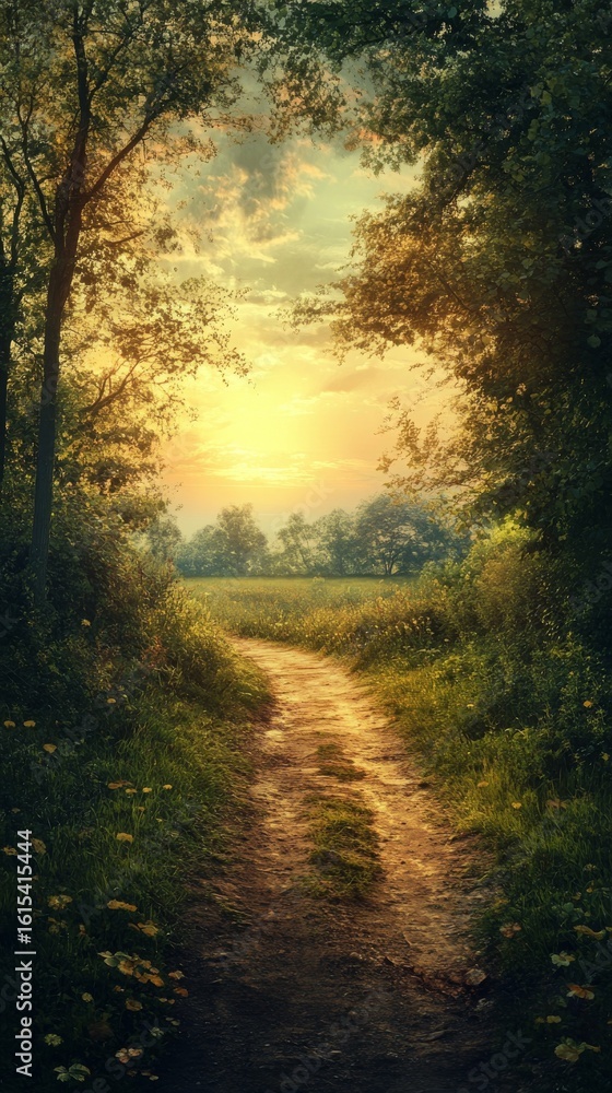 Naklejka premium Pathway Through Forest Opens to Field at Sunset