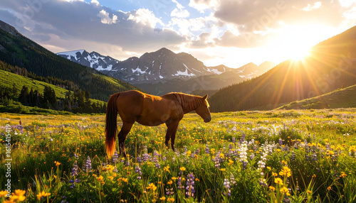 Fototapeta Wild Horse in Alpine Meadow at Sunset