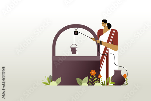 Illustration of an Indian woman fetching water from a well