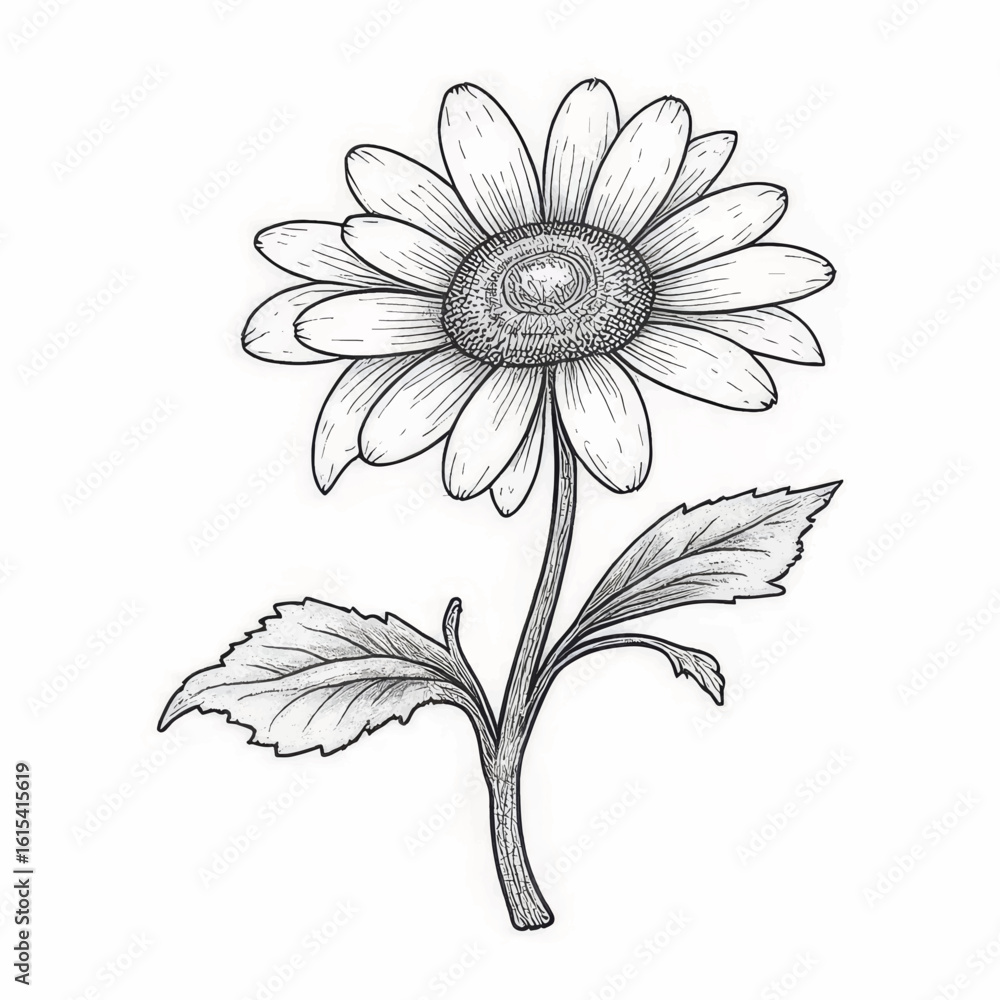 Fototapeta premium Hand-drawn daisy flower illustration with detailed petals and leaves