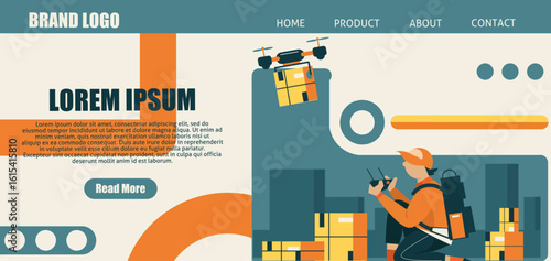 A modern web banner design featuring drone delivery services with a professional operator and urban background. Ideal for ecommerce, shipping, and tech startups.