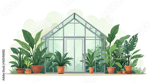 Modern Glass Greenhouse with Lush Green Potted Plants Illustration Garden Building