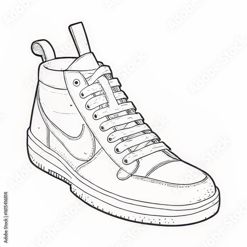 Line drawing of high-top sneaker with shoelaces and logo  