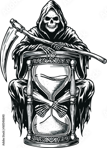Grim Reaper in hooded cloak sits behind an hourglass, holding a scythe, symbolizing mortality and the passage of time.