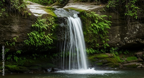 Serene waterfall cascading over moss-covered rocks surrounded by lush vegetation creating a