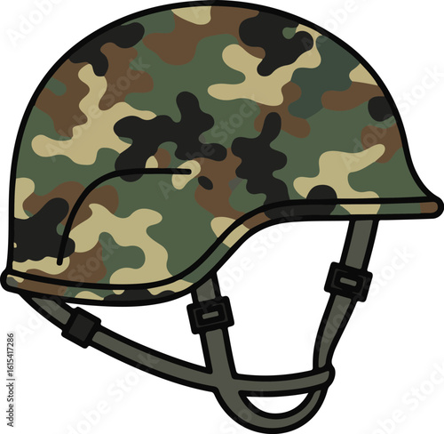 Military Camouflage Helmet with Chinstrap Isolated Vector Illustration