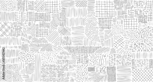 Line patterns set, decorative hatching backgrounds, drawn straight and curved lines, grid texture