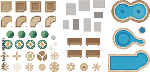 Minimalist landscape design illustration, top view layout, modern outdoor space planning, swimming pools, trees, patio, garden paths, backyard decor, architecture elements