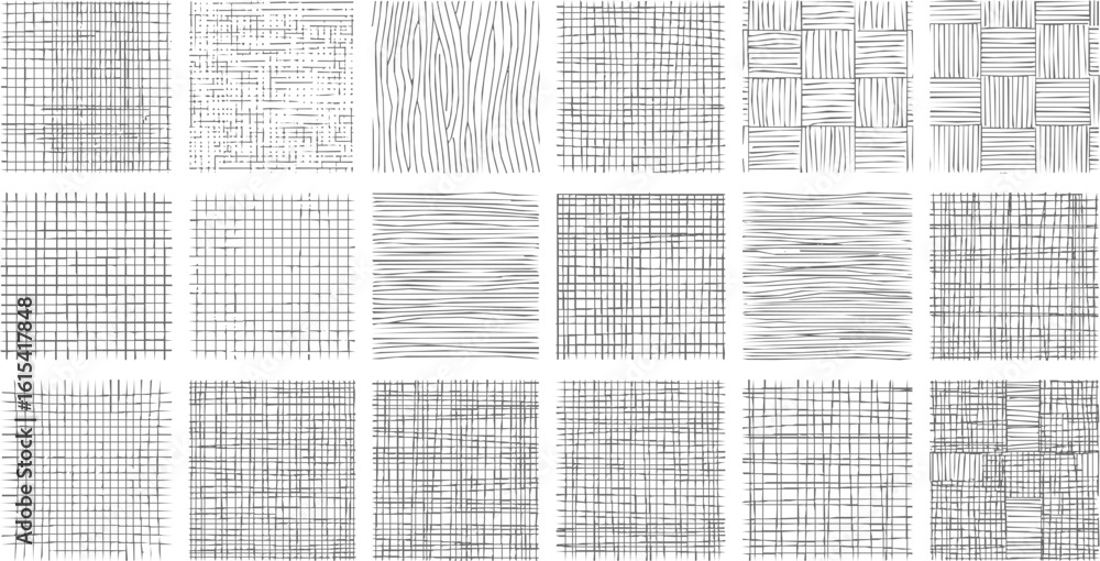 Obraz premium Line patterns set, decorative hatching backgrounds, drawn straight and curved lines, grid texture