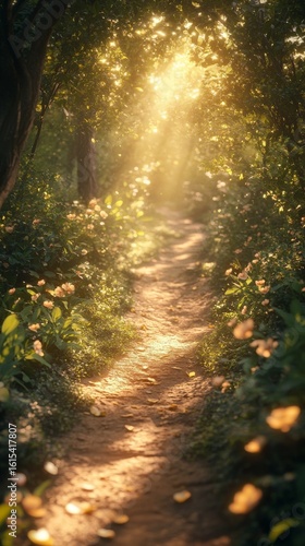 Walking on Sunlit Path Through a Lush Forest