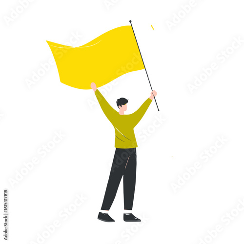 A person holding a yellow flag up high.
