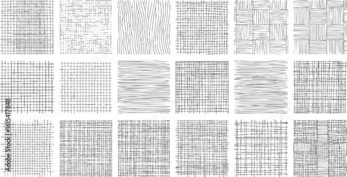 Line patterns set, decorative hatching backgrounds, drawn straight and curved lines, grid texture