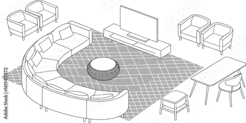 Modern living room interior design, cozy sectional sofa with cushions, armchairs, round coffee table, minimalist home decor, comfortable seating area
