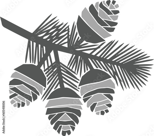 Stylized evergreen branch with pine cones in grayscale illustration, nature graphic element