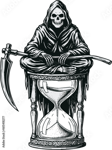 Grim Reaper meditates atop an hourglass, scythe resting beside him, symbolizing mortality and the passage of time.