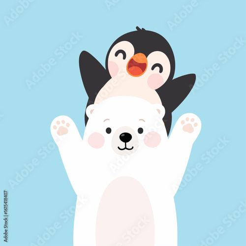 Cartoon Penguin on Polar Bear Illustration