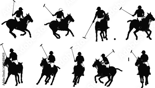 Horse polo vector silhouettes, equestrian team sport illustration, rider with mallet action, black athlete on horseback, polo match scene design, dynamic riding competition graphic