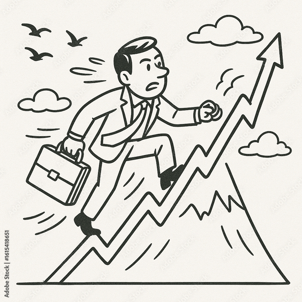 AI-generated image - Cartoon of a businessman climbing a steep arrow graph, symbolizing growth, career progress, and success in black and white comic style. AI-generated image - Cartoon of a businessman climbing a steep arrow graph, symbolizing growth, career progress, and success in black and white comic style.