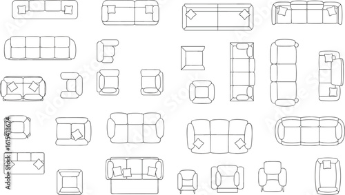 Top view of modern sofa and armchair floor plans, furniture layout, interior design symbols, home decor, living room arrangements, blueprint elements