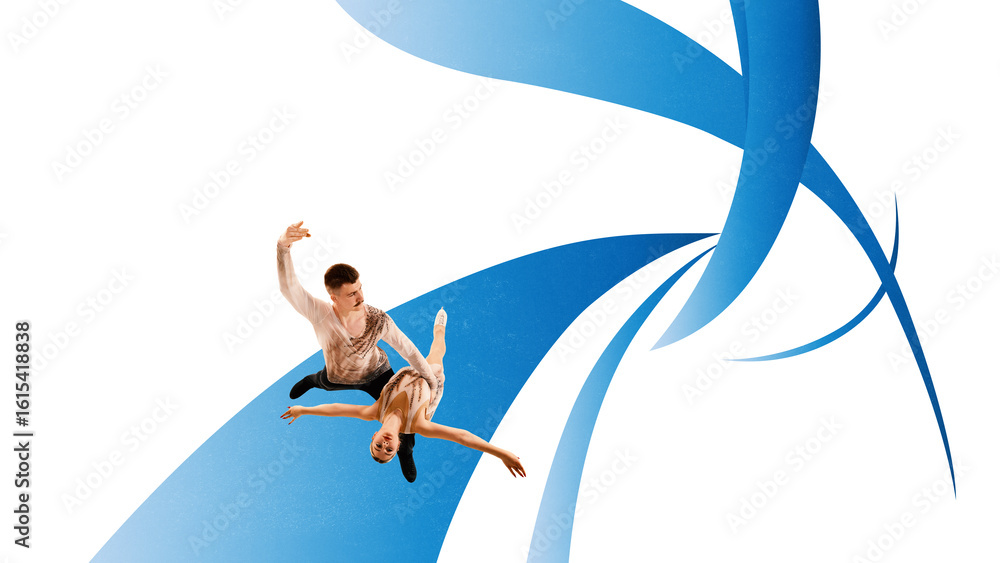 Fototapeta premium Bold digital artwork of ice dancing couple in expressive lift over blue shapes. Concept of winter sport emotion, figure skating promo, book cover imagery, athlete expression in fitness content.